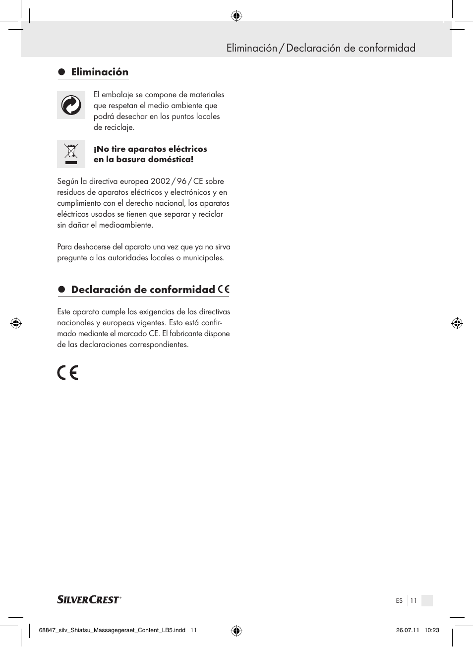 Eliminación / declaración de conformidad, Eliminación, Declaración de conformidad | Silvercrest SSM 141 B2 User Manual | Page 7 / 38
