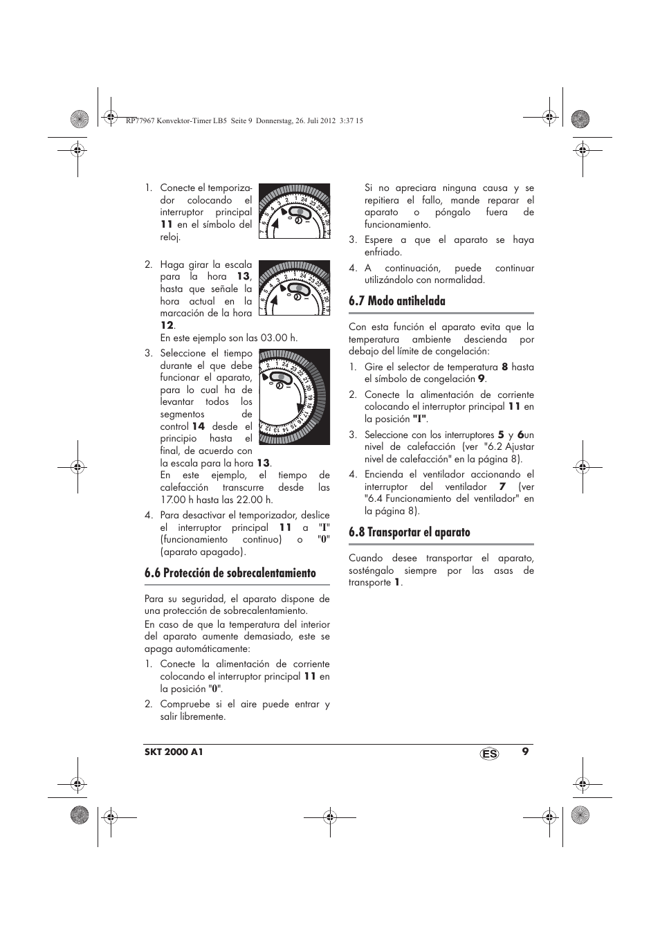 6 protección de sobrecalentamiento, 7 modo antihelada, 8 transportar el aparato | Silvercrest SKT 2000 A1 User Manual | Page 11 / 58