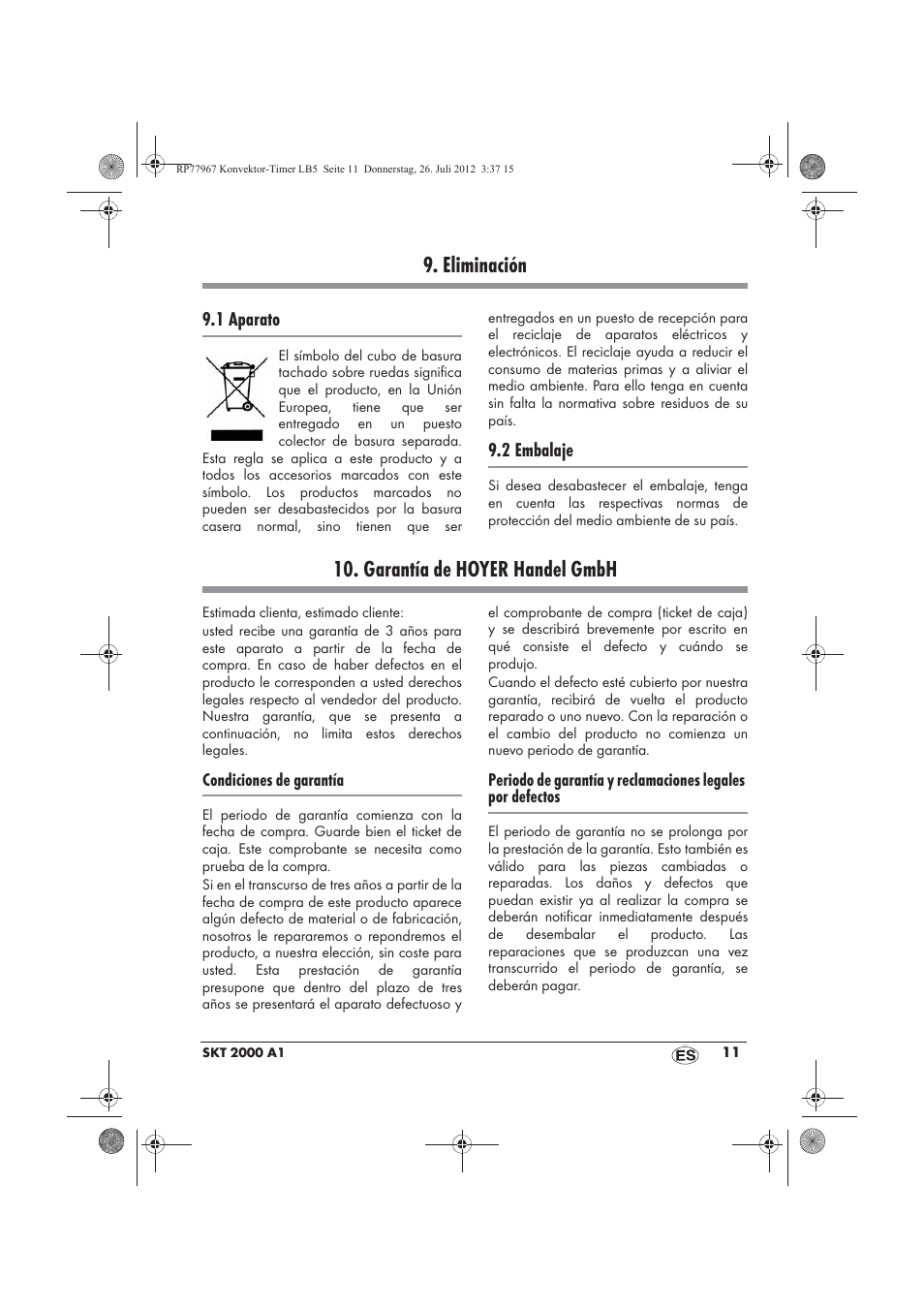 Eliminación, Garantía de hoyer handel gmbh | Silvercrest SKT 2000 A1 User Manual | Page 13 / 58