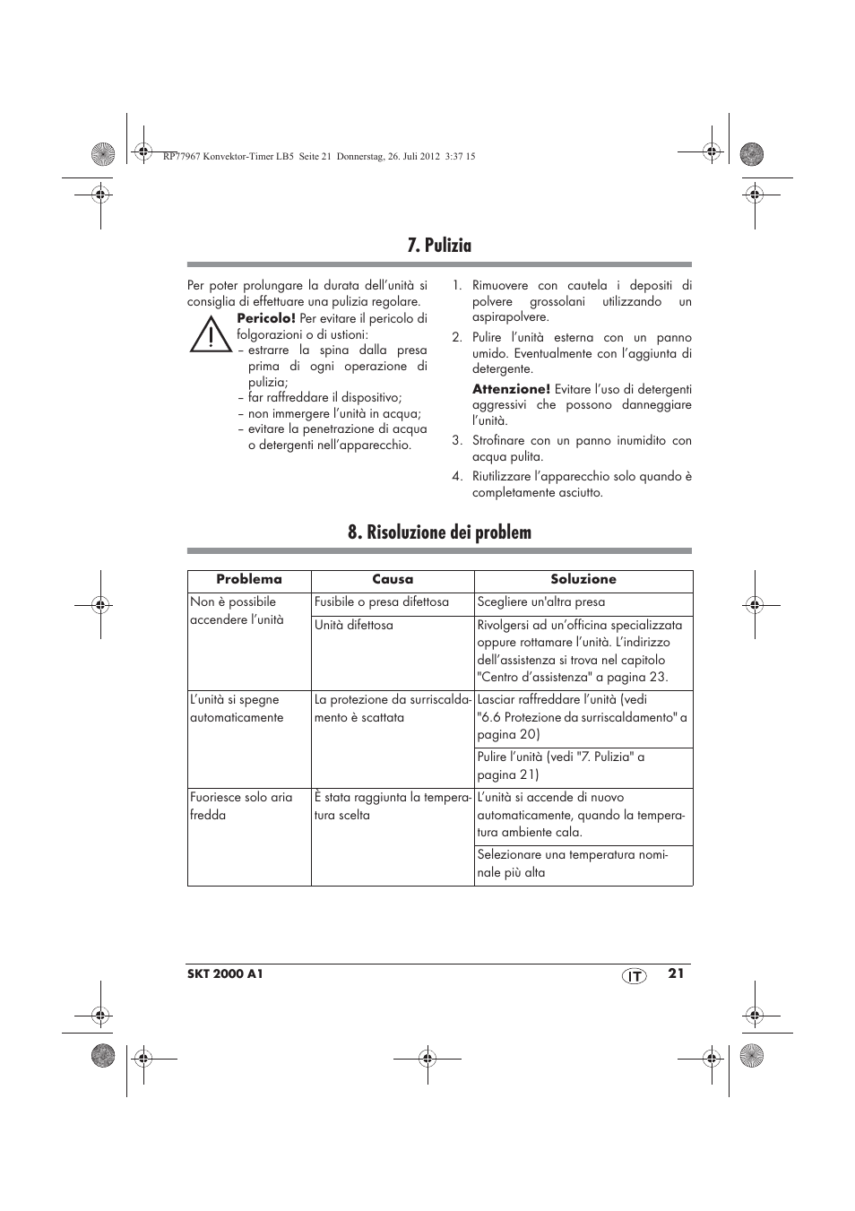Pulizia, Risoluzione dei problem | Silvercrest SKT 2000 A1 User Manual | Page 23 / 58