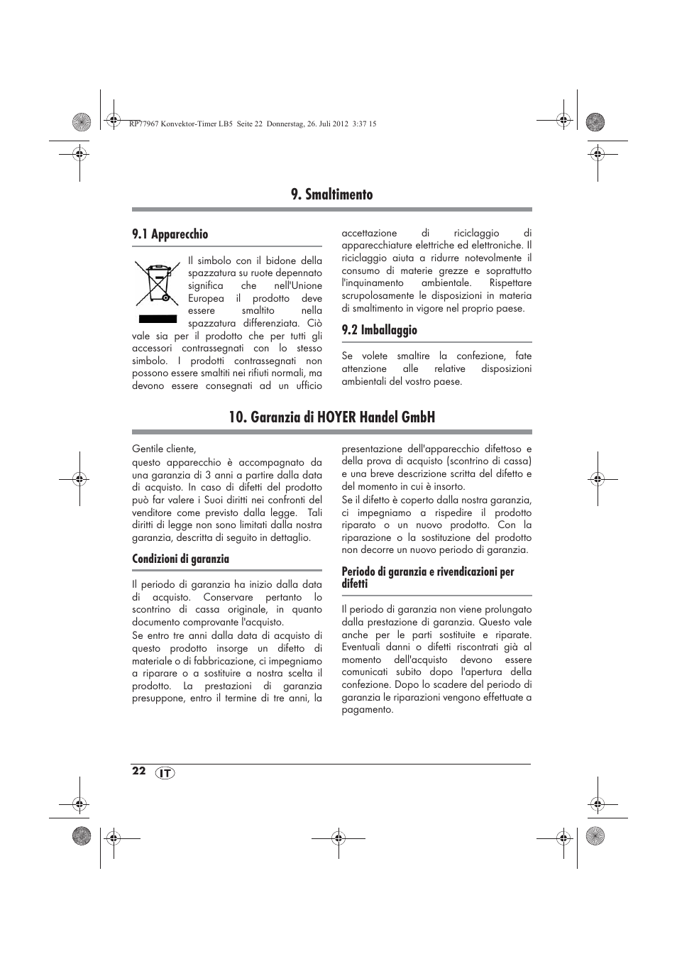 Smaltimento, Garanzia di hoyer handel gmbh | Silvercrest SKT 2000 A1 User Manual | Page 24 / 58