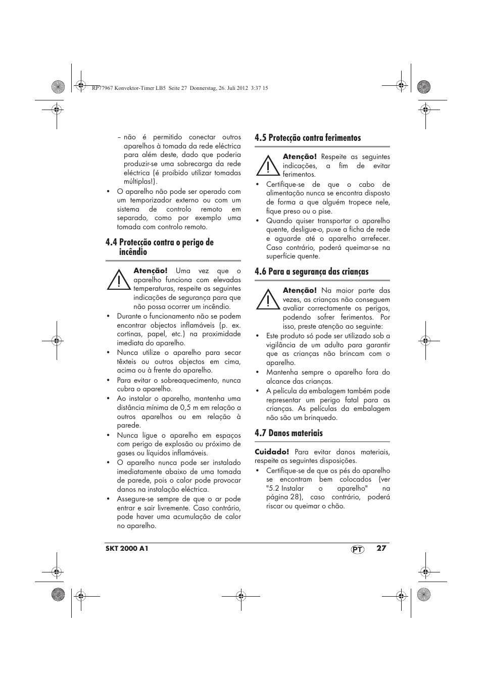 4 protecção contra o perigo de incêndio, 5 protecção contra ferimentos, 6 para a segurança das crianças | 7 danos materiais | Silvercrest SKT 2000 A1 User Manual | Page 29 / 58