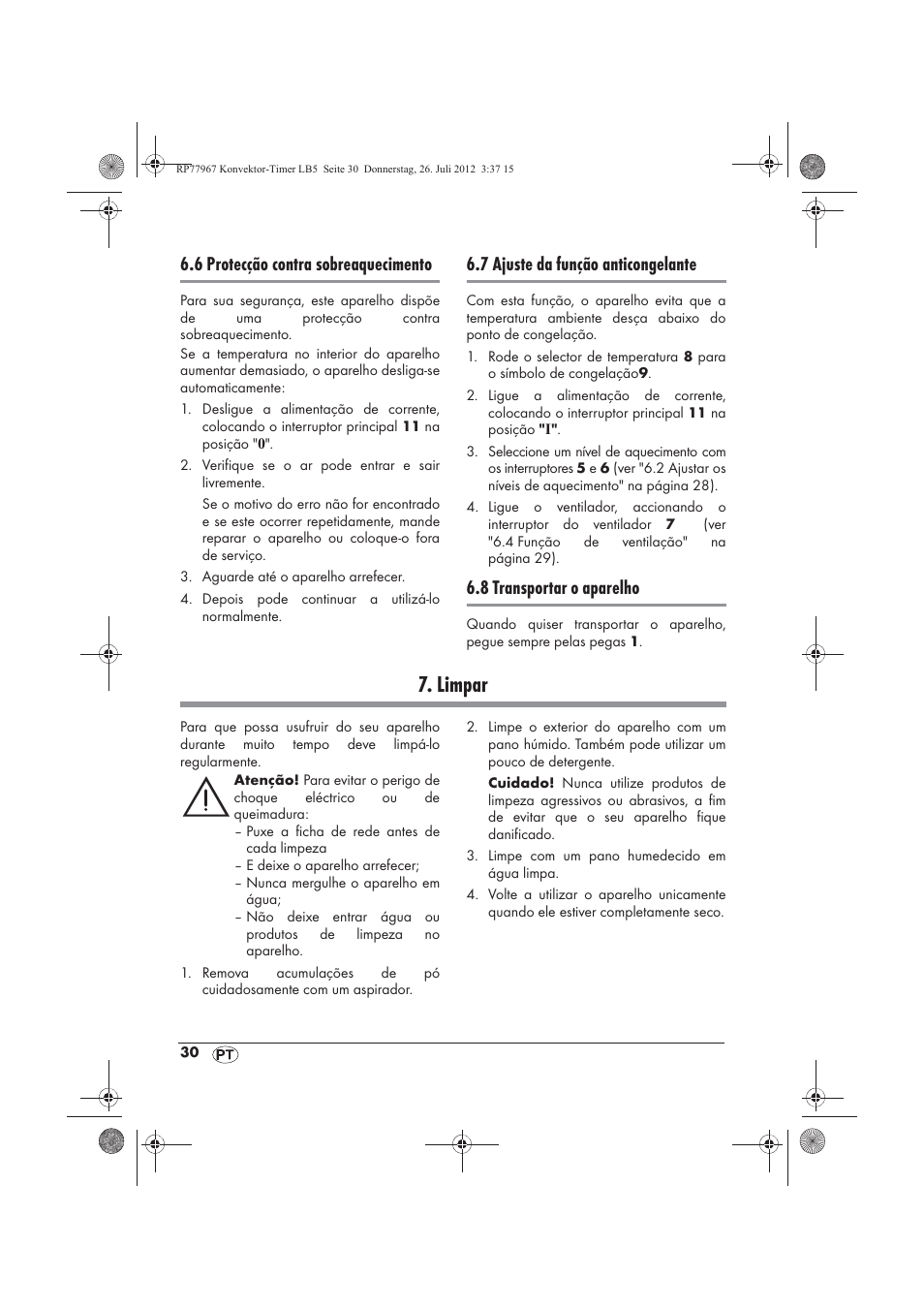 Limpar, 6 protecção contra sobreaquecimento, 7 ajuste da função anticongelante | 8 transportar o aparelho | Silvercrest SKT 2000 A1 User Manual | Page 32 / 58