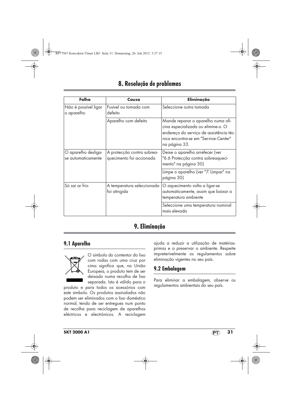 Resolução de problemas 9. eliminação, 1 aparelho, 2 embalagem | Silvercrest SKT 2000 A1 User Manual | Page 33 / 58