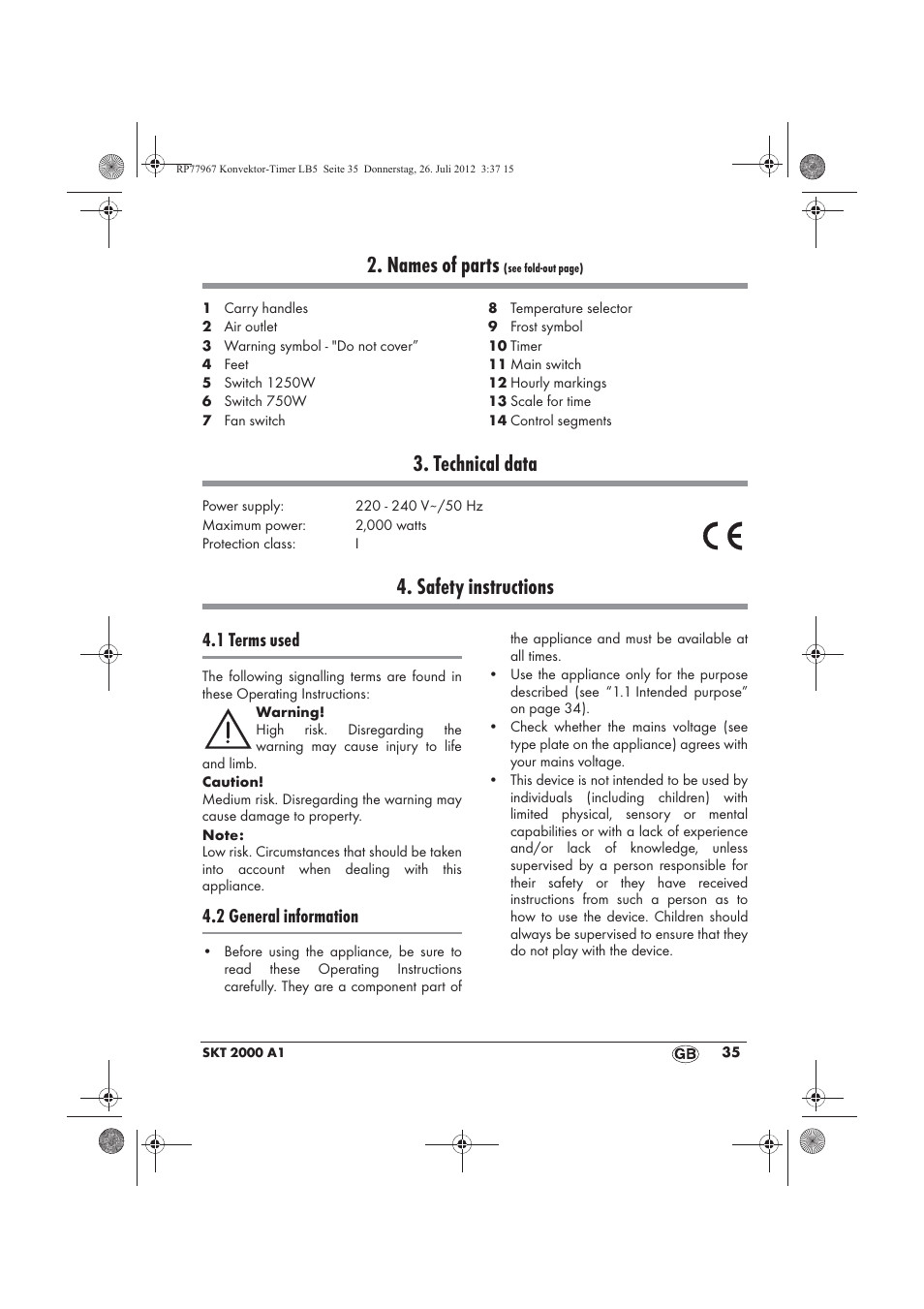 Names of parts, Technical data, Safety instructions | 1 terms used, 2 general information | Silvercrest SKT 2000 A1 User Manual | Page 37 / 58