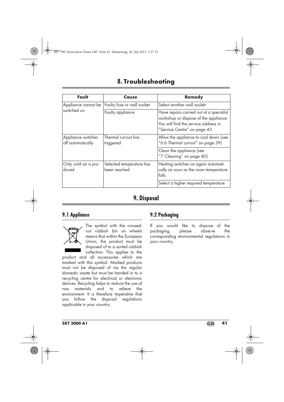 Disposal, Troubleshooting, 1 appliance | 2 packaging | Silvercrest SKT 2000 A1 User Manual | Page 43 / 58