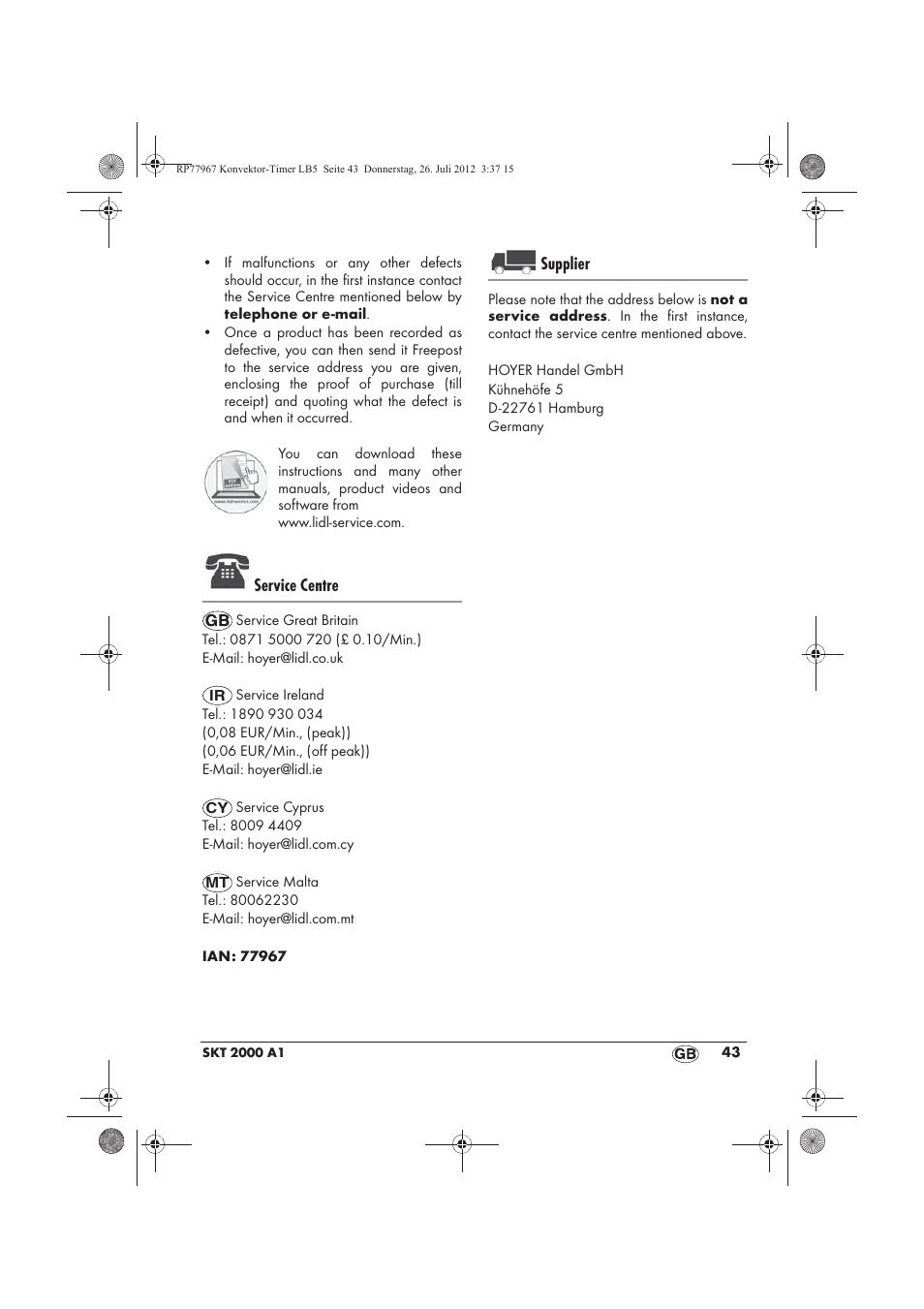 Service centre, Supplier | Silvercrest SKT 2000 A1 User Manual | Page 45 / 58