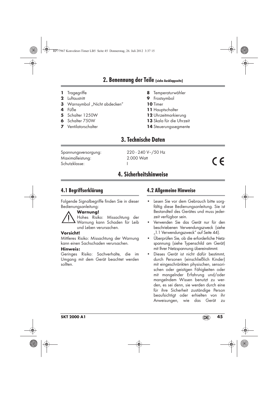 Benennung der teile, Technische daten, Sicherheitshinweise | 1 begriffserklärung, 2 allgemeine hinweise | Silvercrest SKT 2000 A1 User Manual | Page 47 / 58