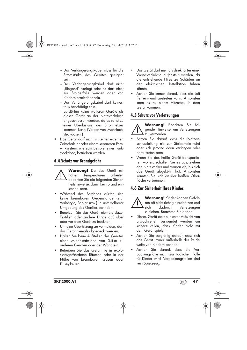 4 schutz vor brandgefahr, 5 schutz vor verletzungen, 6 zur sicherheit ihres kindes | Silvercrest SKT 2000 A1 User Manual | Page 49 / 58