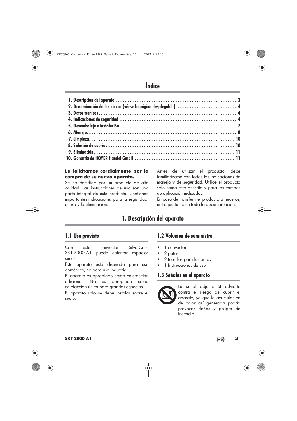 Índice, Descripción del aparato | Silvercrest SKT 2000 A1 User Manual | Page 5 / 58