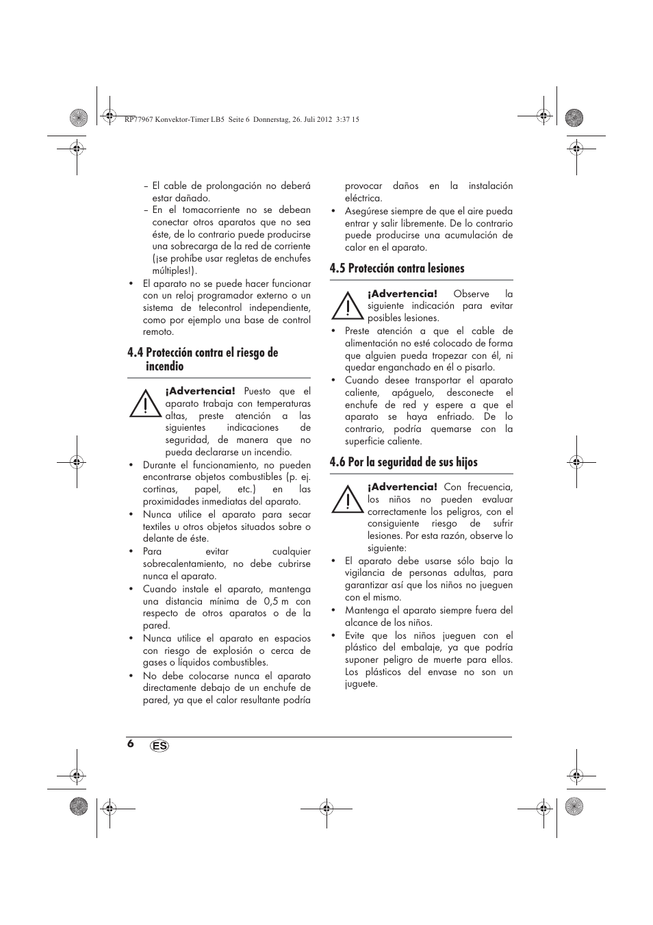 4 protección contra el riesgo de incendio, 5 protección contra lesiones, 6 por la seguridad de sus hijos | Silvercrest SKT 2000 A1 User Manual | Page 8 / 58