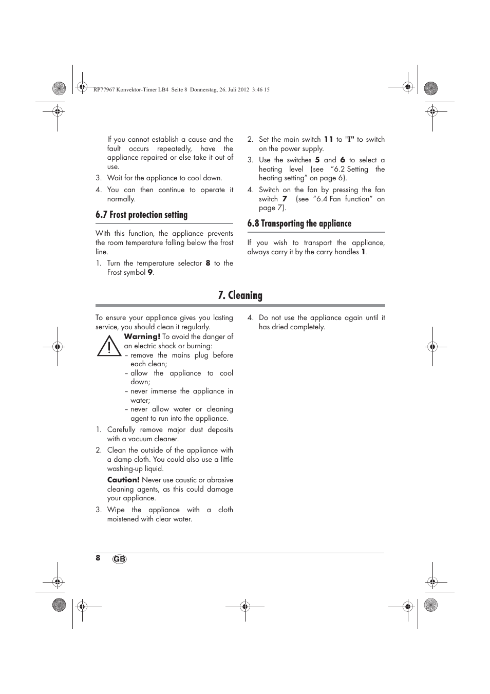 Cleaning, 7 frost protection setting, 8 transporting the appliance | Silvercrest SKT 2000 A1 User Manual | Page 10 / 78