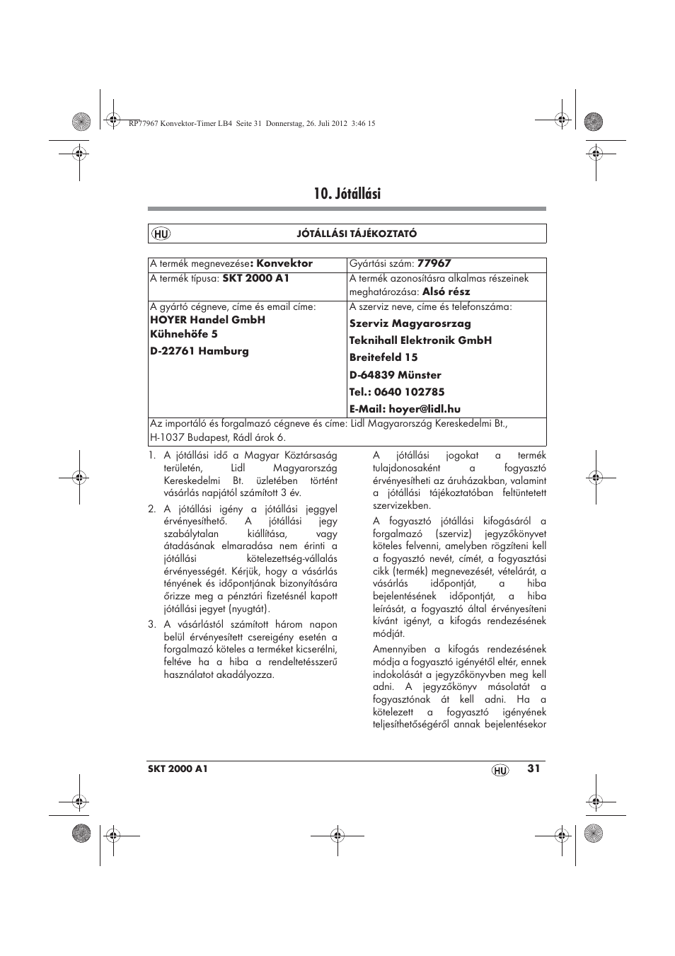 Jótállási | Silvercrest SKT 2000 A1 User Manual | Page 33 / 78