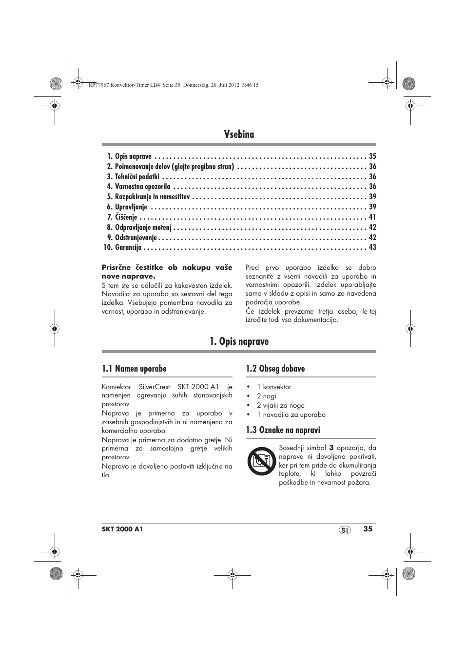 Vsebina, Opis naprave | Silvercrest SKT 2000 A1 User Manual | Page 37 / 78