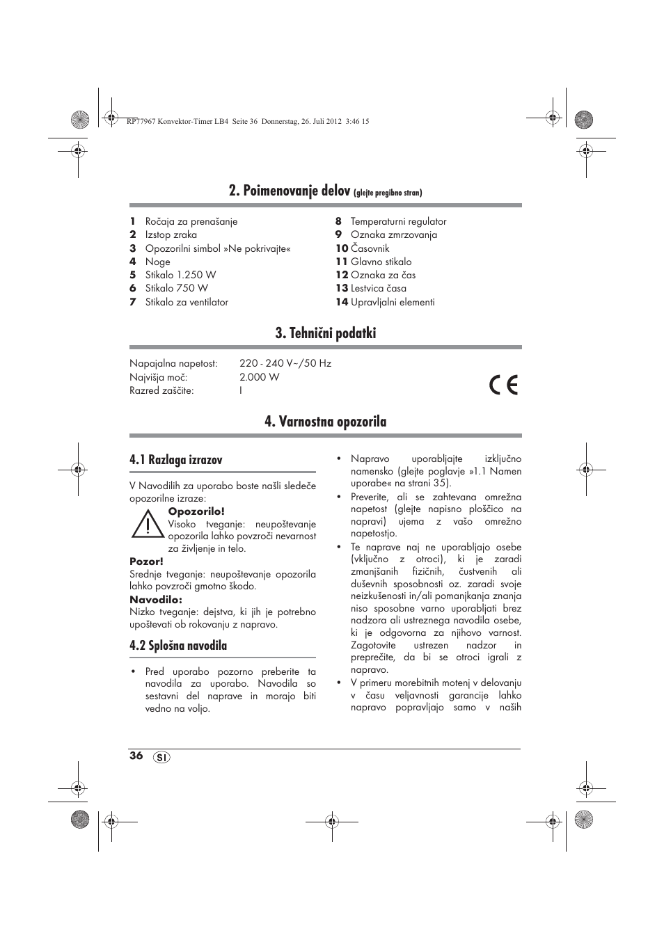 Poimenovanje delov, Tehnični podatki, Varnostna opozorila | 1 razlaga izrazov, 2 splošna navodila | Silvercrest SKT 2000 A1 User Manual | Page 38 / 78