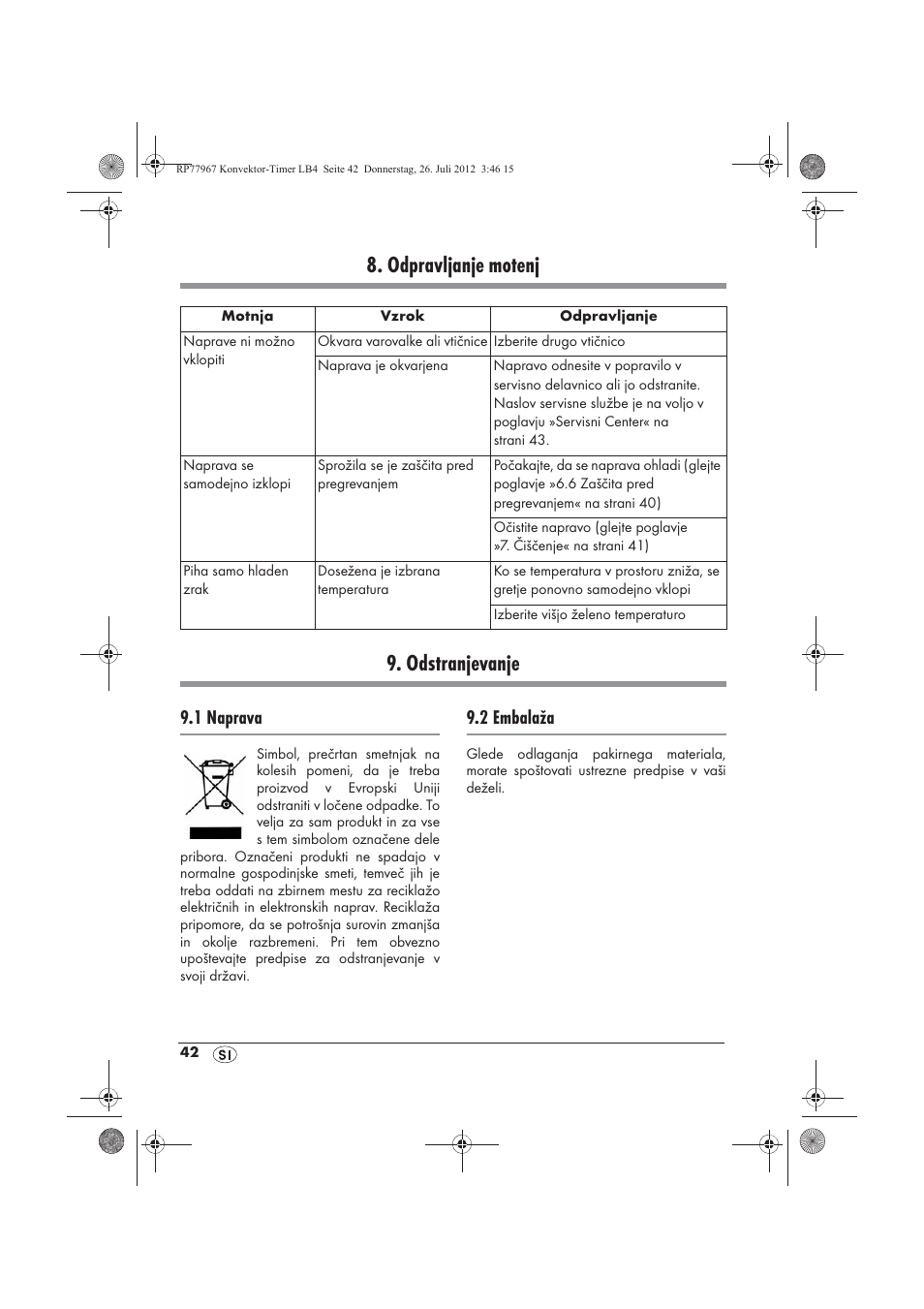 Odpravljanje motenj 9. odstranjevanje, 1 naprava, 2 embalaža | Silvercrest SKT 2000 A1 User Manual | Page 44 / 78