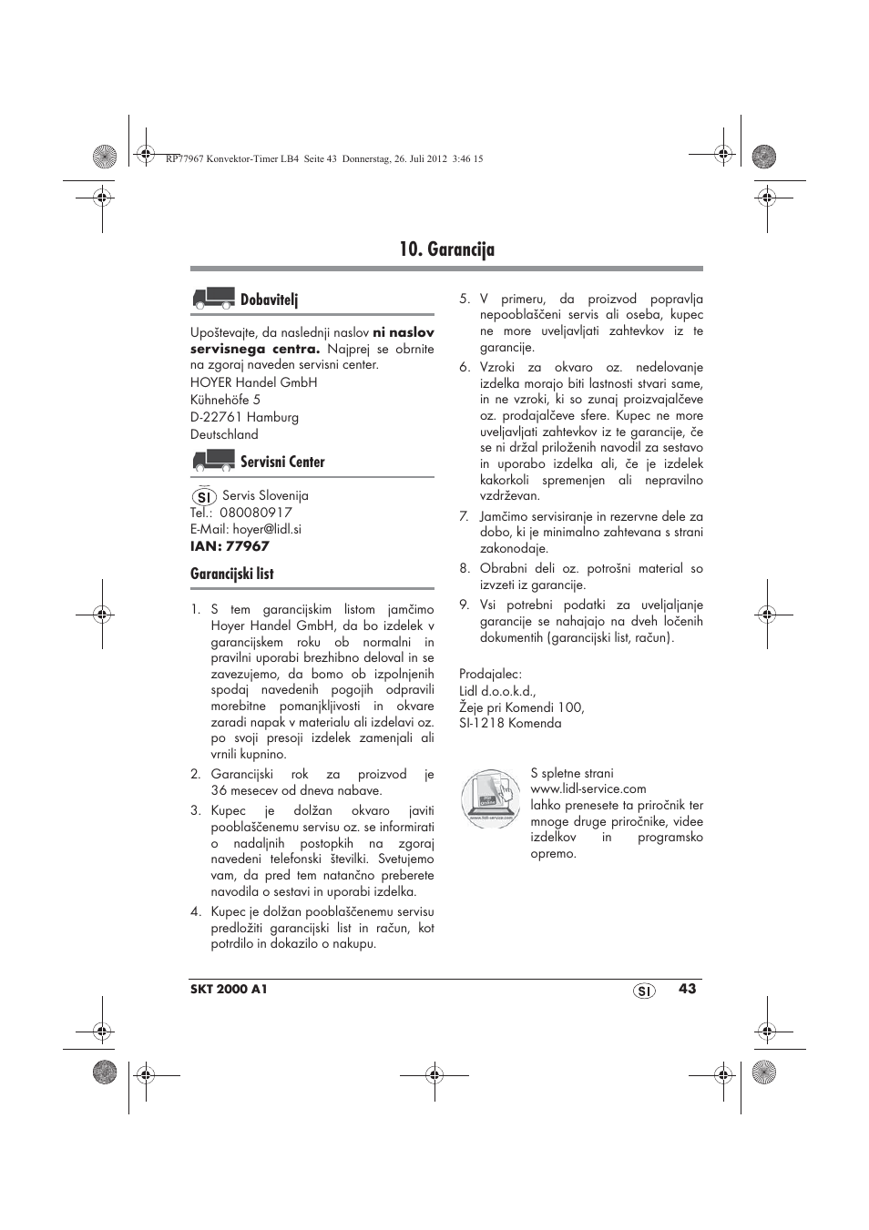 Garancija, Dobavitelj, Servisni center | Garancijski list | Silvercrest SKT 2000 A1 User Manual | Page 45 / 78