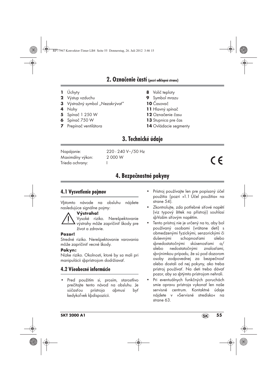 Označenie častí, Technické údaje, Bezpečnostné pokyny | 1 vysvetlenie pojmov, 2 všeobecné informácie | Silvercrest SKT 2000 A1 User Manual | Page 57 / 78