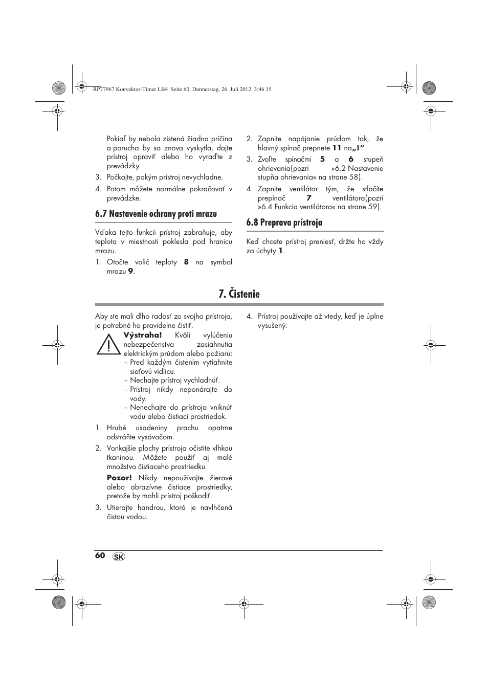 Čistenie, 7 nastavenie ochrany proti mrazu, 8 preprava prístroja | Silvercrest SKT 2000 A1 User Manual | Page 62 / 78