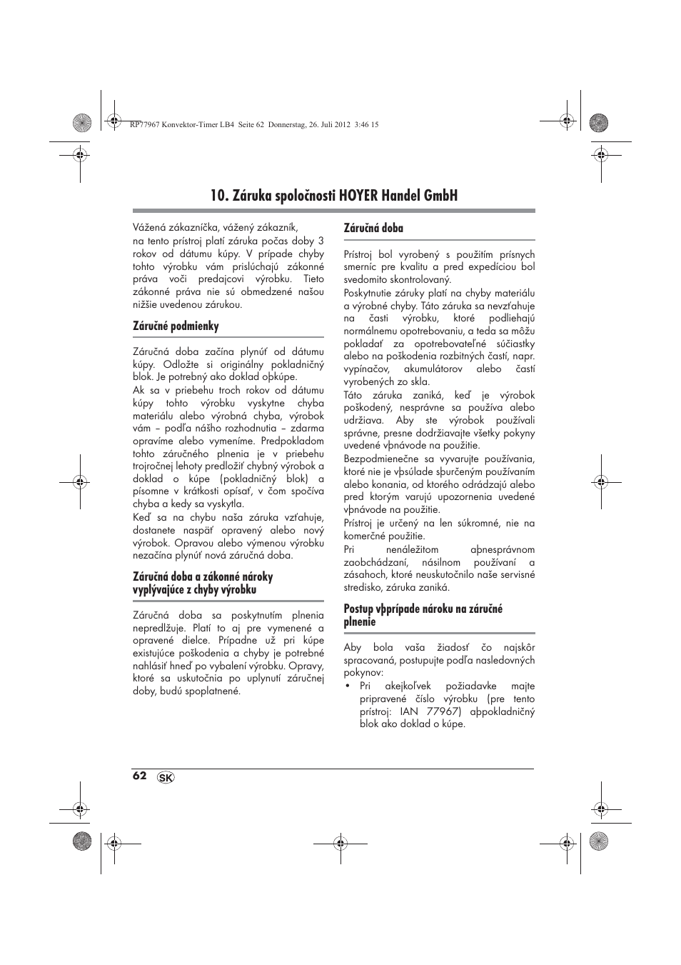 Záruka spoločnosti hoyer handel gmbh | Silvercrest SKT 2000 A1 User Manual | Page 64 / 78