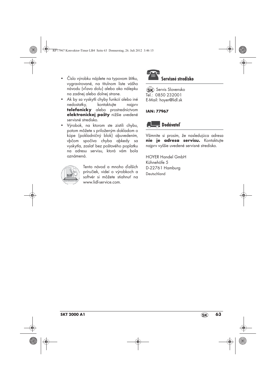 Servisné stredisko, Dodávateľ | Silvercrest SKT 2000 A1 User Manual | Page 65 / 78
