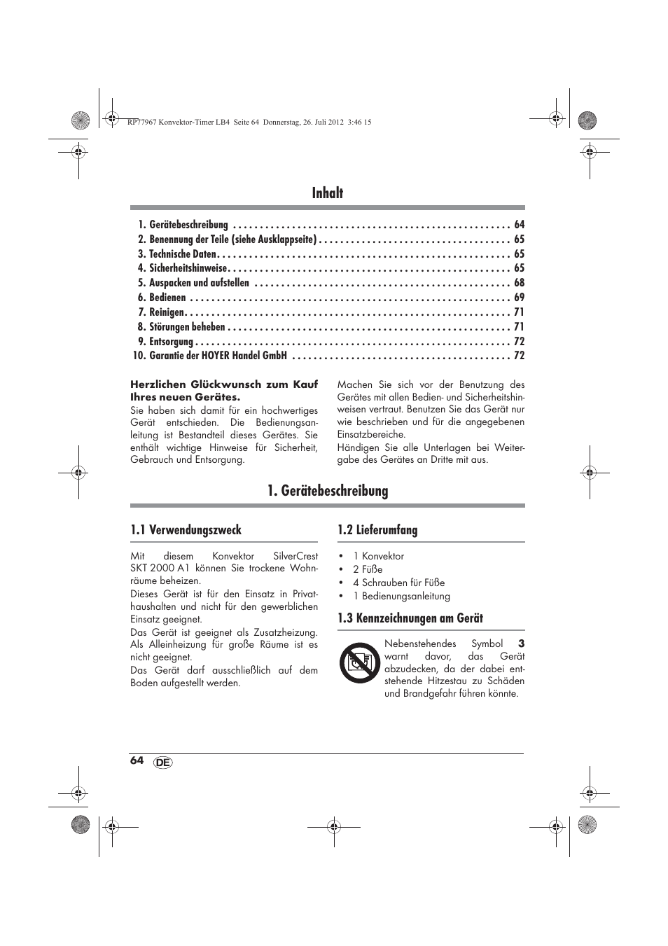 Inhalt, Gerätebeschreibung | Silvercrest SKT 2000 A1 User Manual | Page 66 / 78