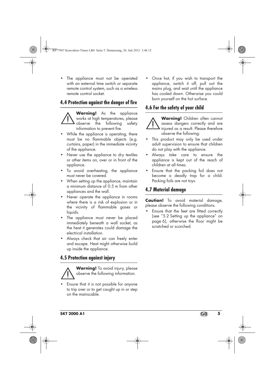 4 protection against the danger of fire, 5 protection against injury, 6 for the safety of your child | 7 material damage | Silvercrest SKT 2000 A1 User Manual | Page 7 / 78