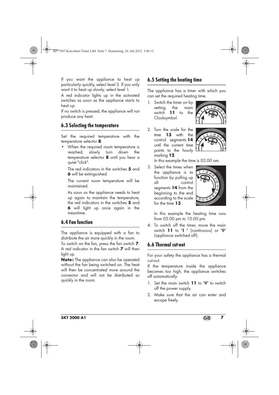 3 selecting the temperature, 4 fan function, 5 setting the heating time | 6 thermal cut-out | Silvercrest SKT 2000 A1 User Manual | Page 9 / 78