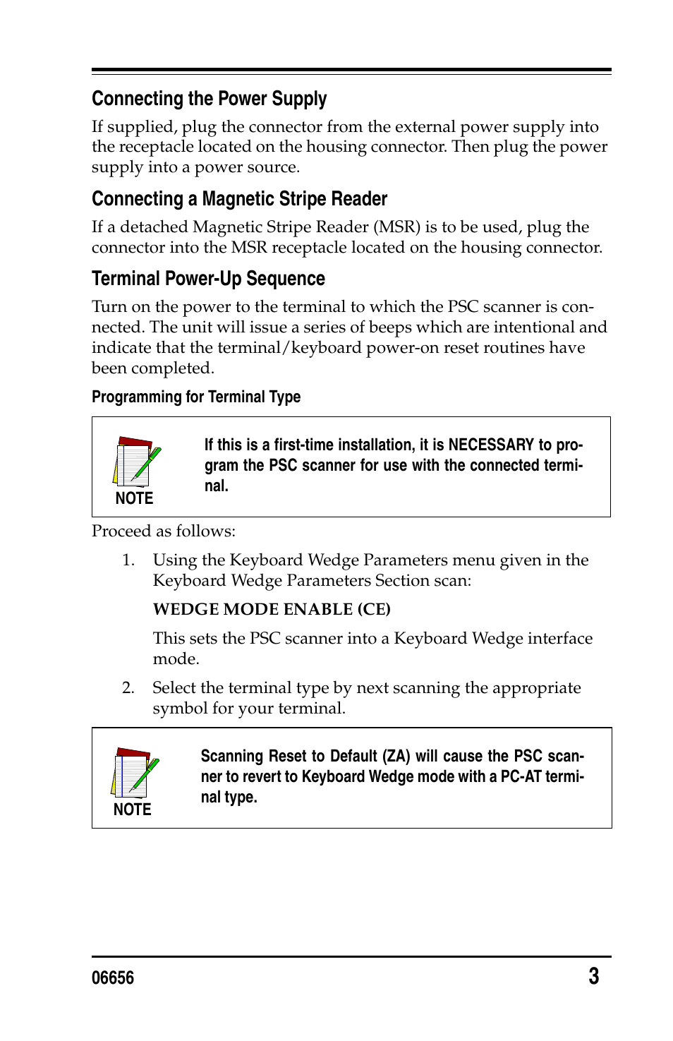 Connecting the power supply, Connecting a magnetic stripe reader, Terminal power-up sequence | PSC Handheld Laser Bar Code Scanners Keyboard Wedge / Wand Emulation Interface User Manual | Page 11 / 88