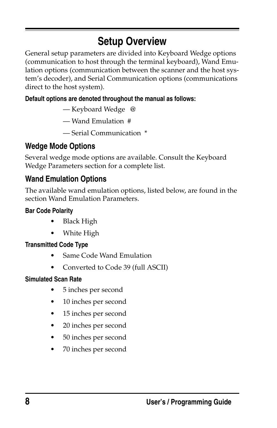 Setup overview, Wedge mode options, Wand emulation options | Wedge mode options wand emulation options | PSC Handheld Laser Bar Code Scanners Keyboard Wedge / Wand Emulation Interface User Manual | Page 16 / 88