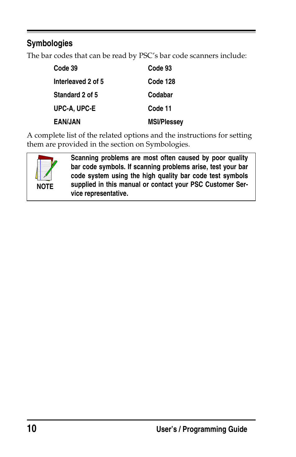 Symbologies | PSC Handheld Laser Bar Code Scanners Keyboard Wedge / Wand Emulation Interface User Manual | Page 18 / 88