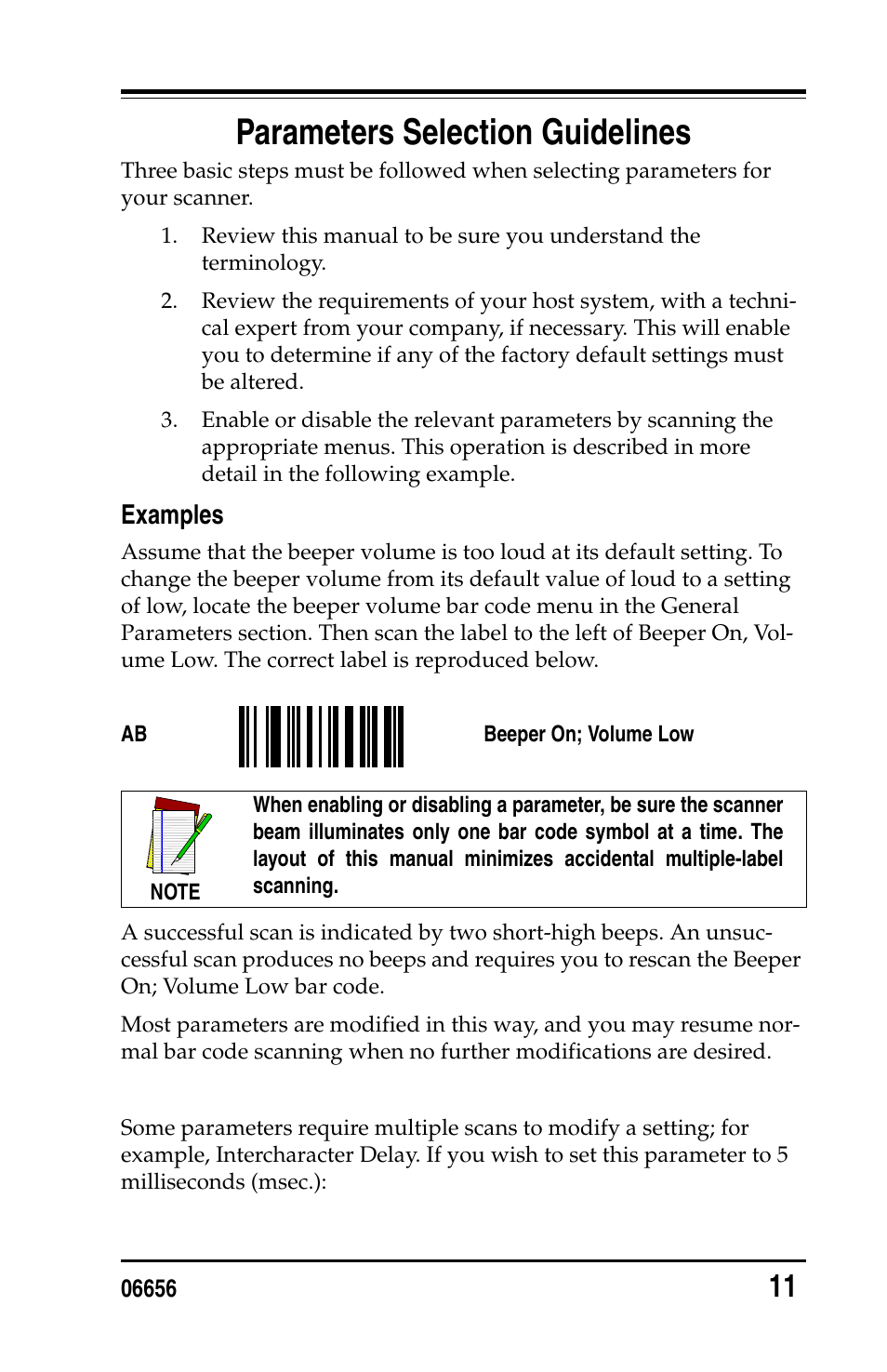 Parameters selection guidelines, Examples | PSC Handheld Laser Bar Code Scanners Keyboard Wedge / Wand Emulation Interface User Manual | Page 19 / 88