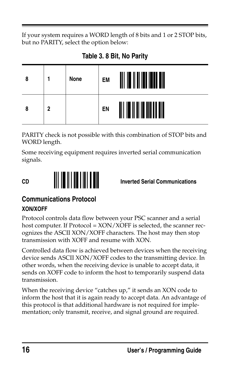 Communications protocol, Table 3. 8 bit, no parity | PSC Handheld Laser Bar Code Scanners Keyboard Wedge / Wand Emulation Interface User Manual | Page 24 / 88