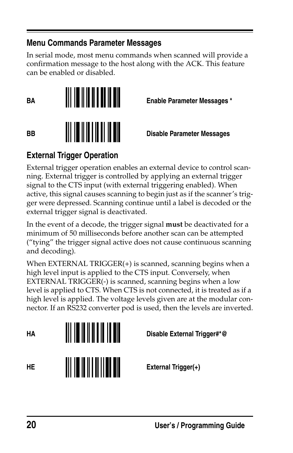 Menu commands parameter messages, External trigger operation | PSC Handheld Laser Bar Code Scanners Keyboard Wedge / Wand Emulation Interface User Manual | Page 28 / 88