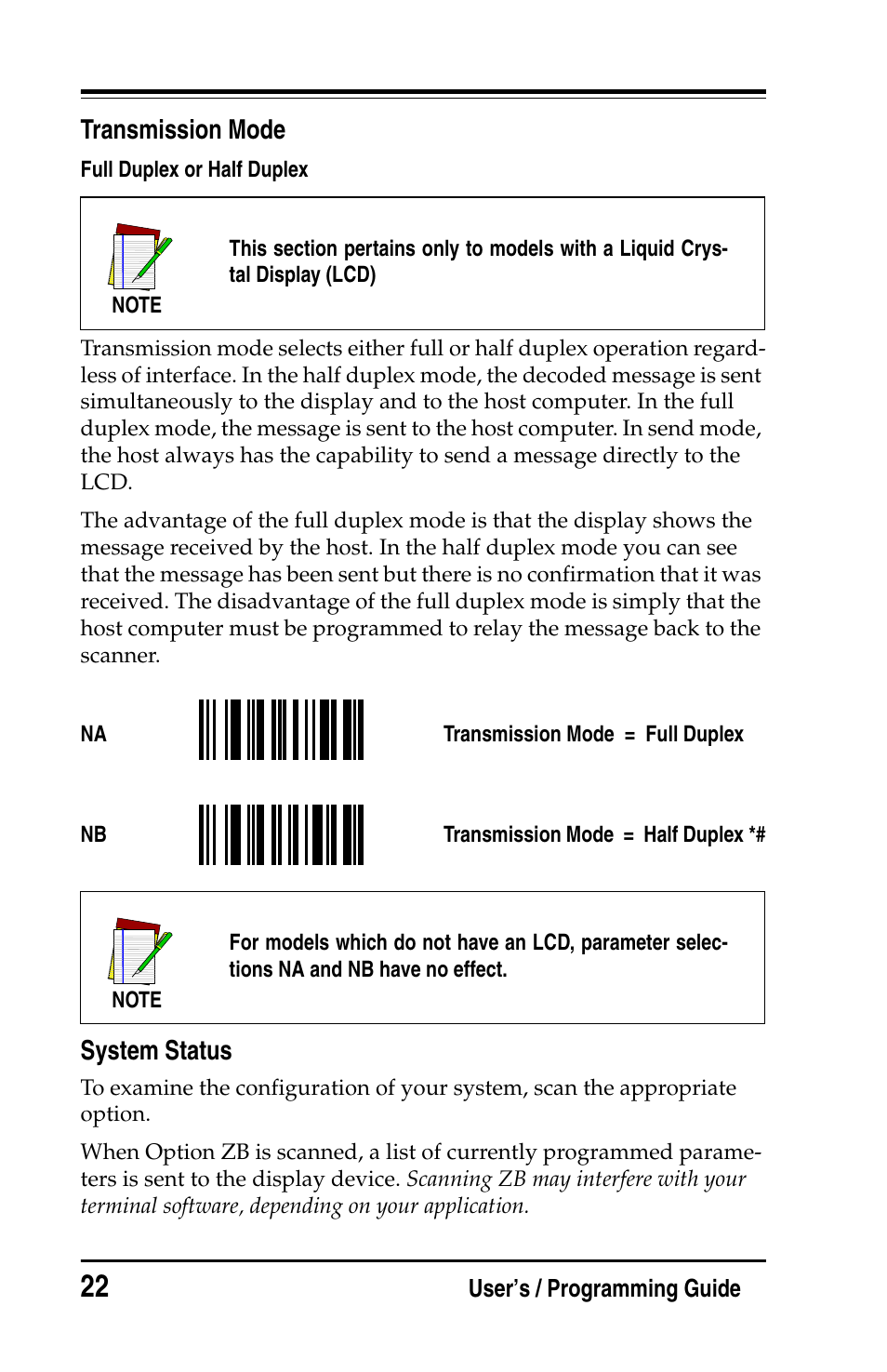 Transmission mode, System status | PSC Handheld Laser Bar Code Scanners Keyboard Wedge / Wand Emulation Interface User Manual | Page 30 / 88