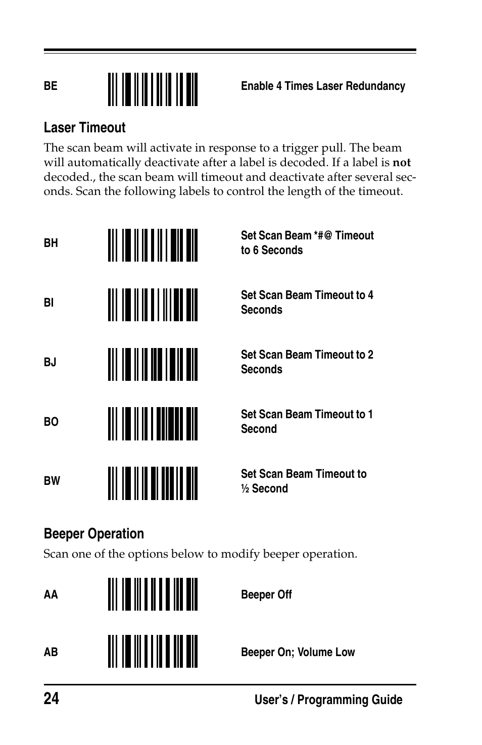 Laser timeout, Beeper operation, Laser timeout beeper operation | PSC Handheld Laser Bar Code Scanners Keyboard Wedge / Wand Emulation Interface User Manual | Page 32 / 88