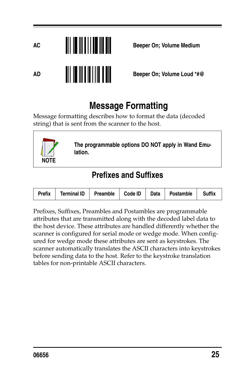 Message formatting, Prefixes and suffixes, Prefixes and suffixes 25 | PSC Handheld Laser Bar Code Scanners Keyboard Wedge / Wand Emulation Interface User Manual | Page 33 / 88