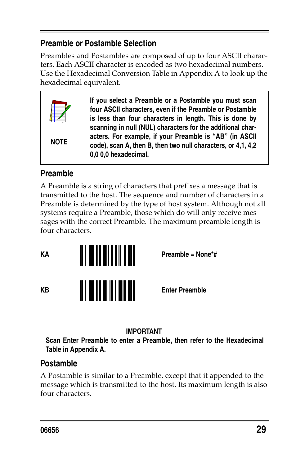 Preamble or postamble selection, Preamble, Postamble | Preamble or postamble selection preamble postamble | PSC Handheld Laser Bar Code Scanners Keyboard Wedge / Wand Emulation Interface User Manual | Page 37 / 88