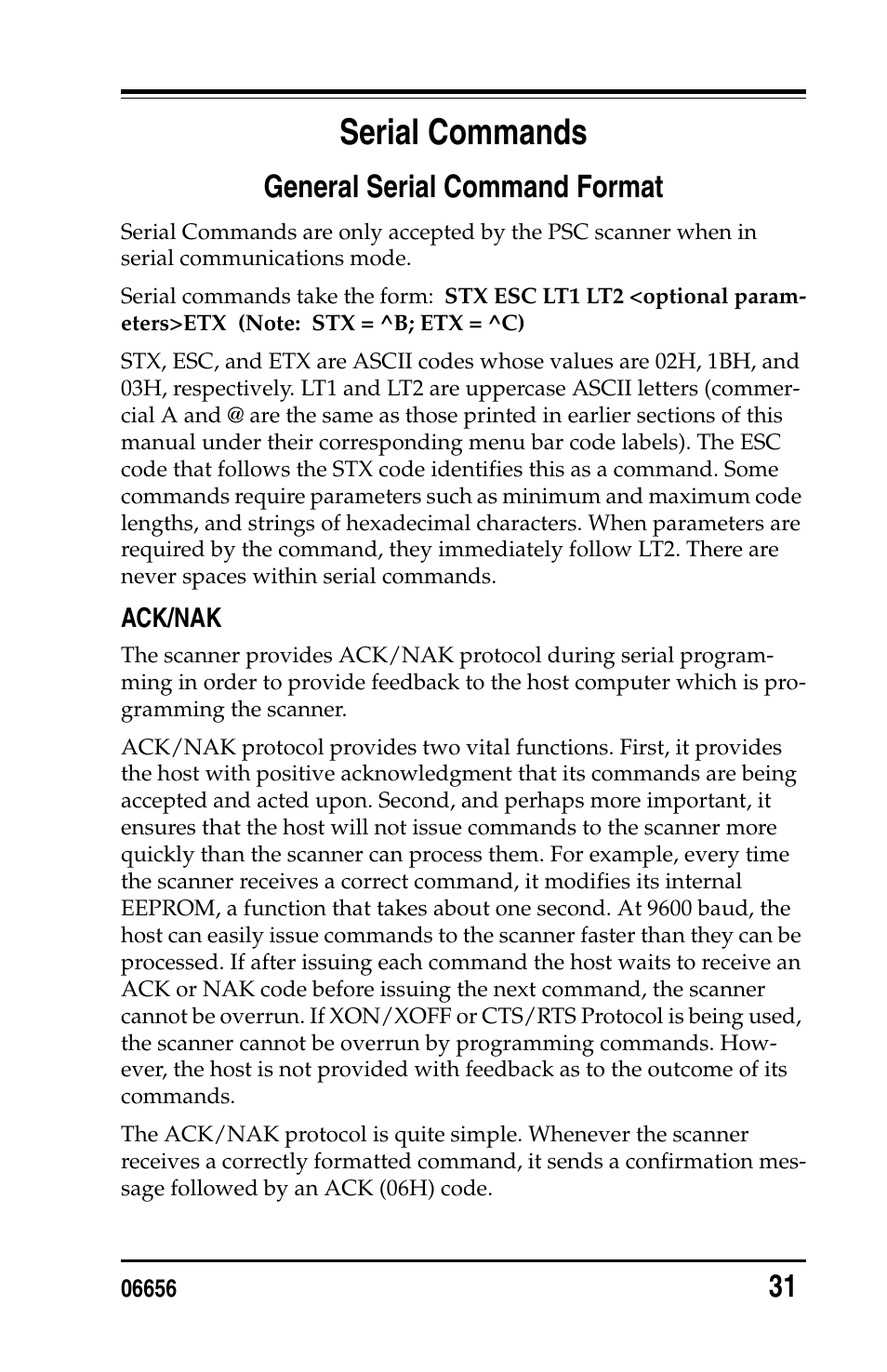Serial commands, General serial command format, Ack/nak | General serial command format 31 | PSC Handheld Laser Bar Code Scanners Keyboard Wedge / Wand Emulation Interface User Manual | Page 39 / 88