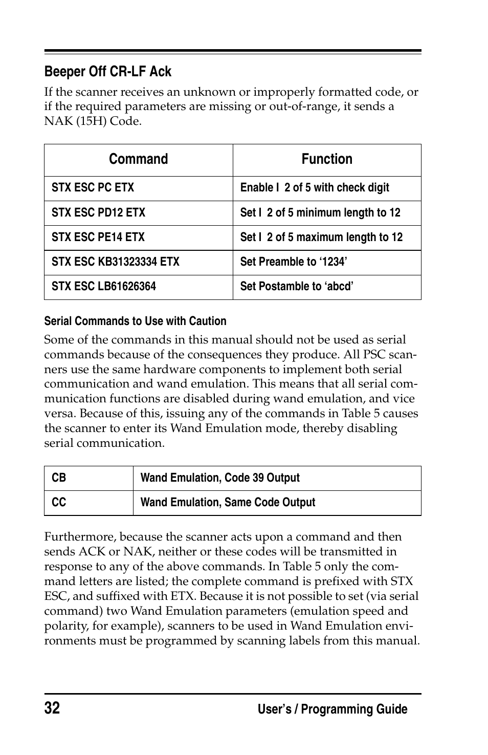 Beeper off cr-lf ack, Command function | PSC Handheld Laser Bar Code Scanners Keyboard Wedge / Wand Emulation Interface User Manual | Page 40 / 88