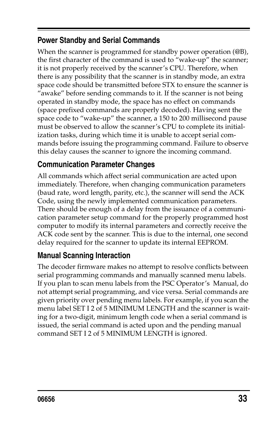 Power standby and serial commands, Communication parameter changes, Manual scanning interaction | PSC Handheld Laser Bar Code Scanners Keyboard Wedge / Wand Emulation Interface User Manual | Page 41 / 88