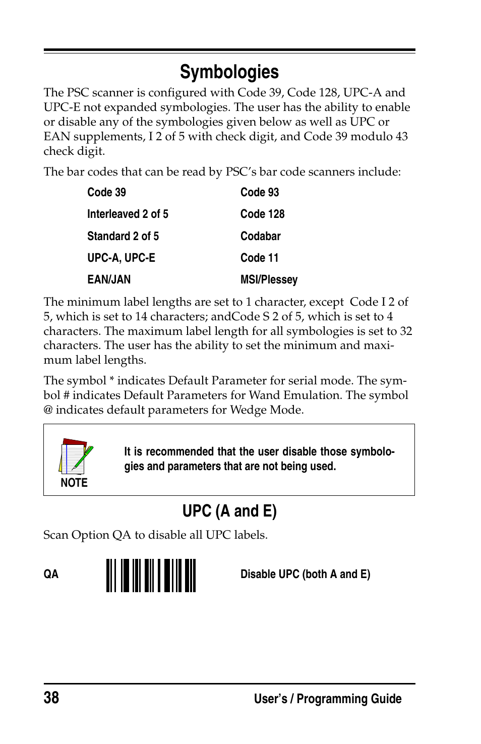 Symbologies, Upc (a and e) | PSC Handheld Laser Bar Code Scanners Keyboard Wedge / Wand Emulation Interface User Manual | Page 46 / 88