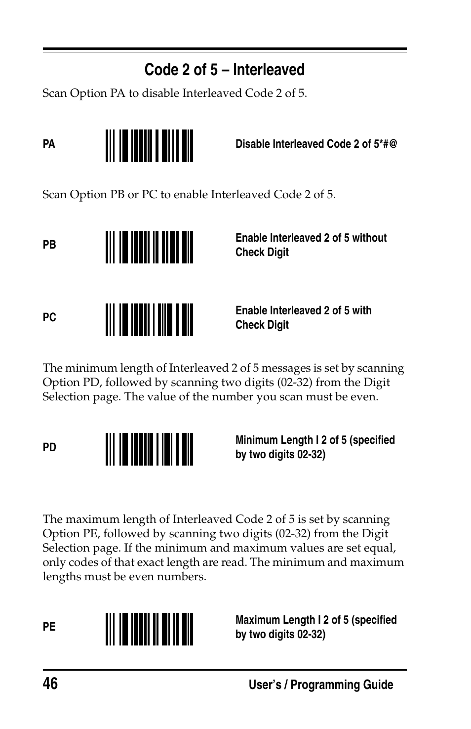Code 2 of 5 - interleaved, Code 2 of 5 – interleaved | PSC Handheld Laser Bar Code Scanners Keyboard Wedge / Wand Emulation Interface User Manual | Page 54 / 88