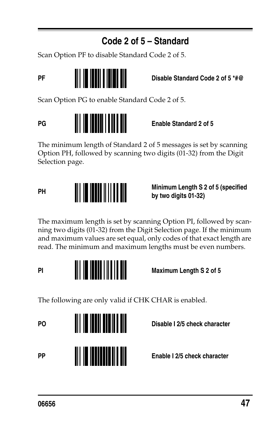 Code 2 of 5 - standard, Code 2 of 5 – standard, 47 code 2 of 5 – standard | PSC Handheld Laser Bar Code Scanners Keyboard Wedge / Wand Emulation Interface User Manual | Page 55 / 88