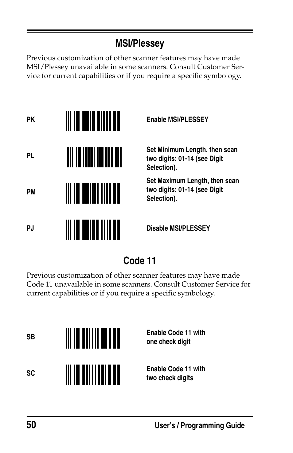 Msi/plessey, Code 11, Msi/plessey code 11 | PSC Handheld Laser Bar Code Scanners Keyboard Wedge / Wand Emulation Interface User Manual | Page 58 / 88