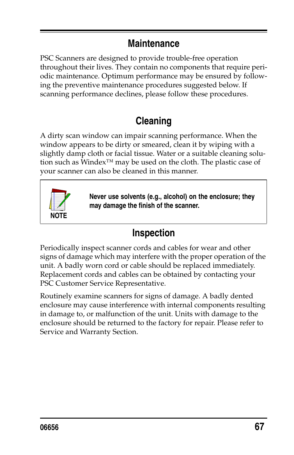 Maintenance, Cleaning, Inspection | Maintenance cleaning inspection, 67 maintenance | PSC Handheld Laser Bar Code Scanners Keyboard Wedge / Wand Emulation Interface User Manual | Page 75 / 88