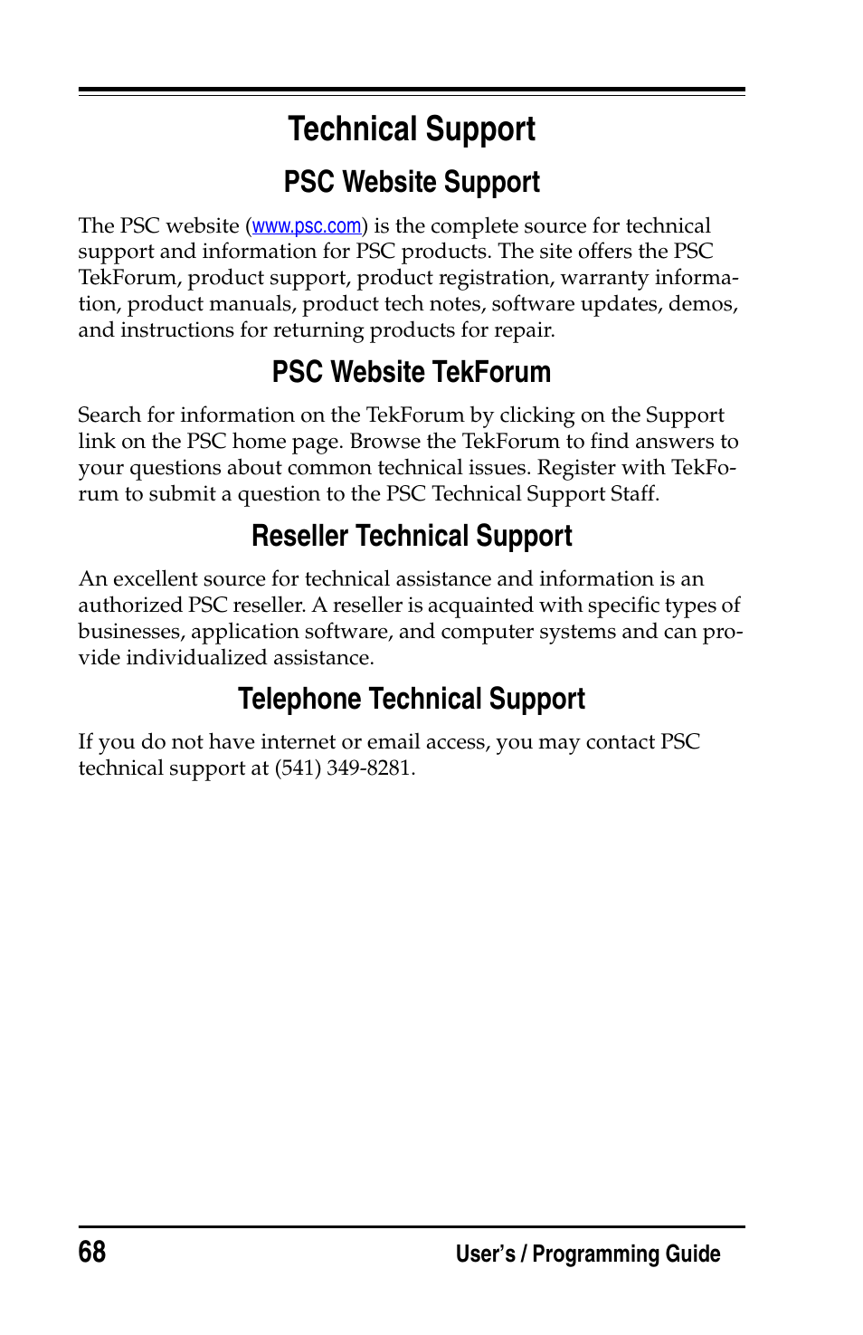 Technical support, Psc website support, Psc website tekforum | Reseller technical support, Telephone technical support | PSC Handheld Laser Bar Code Scanners Keyboard Wedge / Wand Emulation Interface User Manual | Page 76 / 88