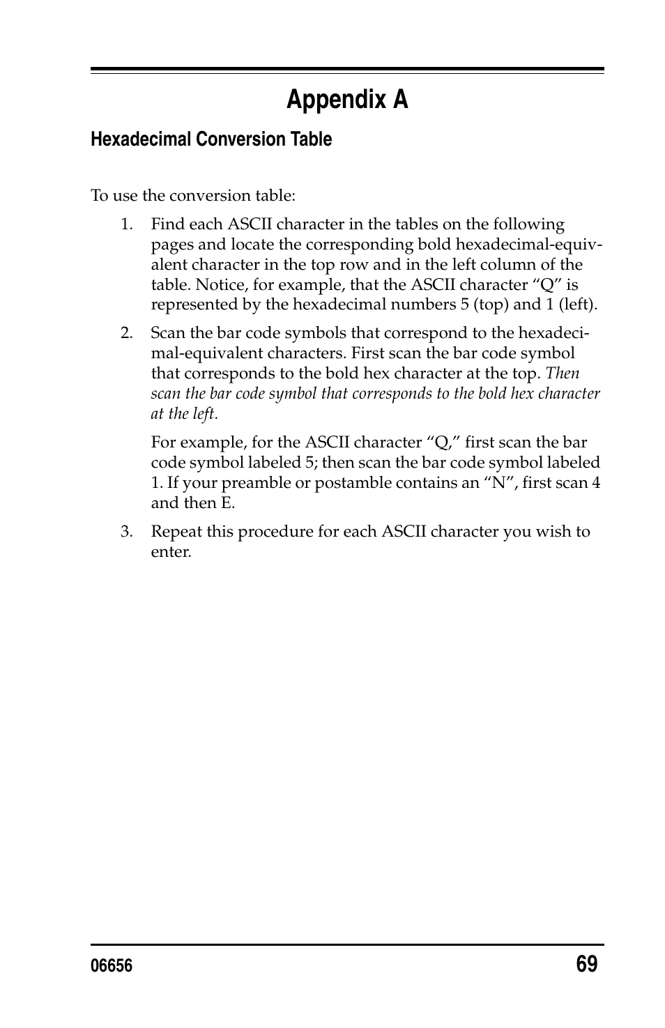 Appendix a, Hexadecimal conversion table | PSC Handheld Laser Bar Code Scanners Keyboard Wedge / Wand Emulation Interface User Manual | Page 77 / 88