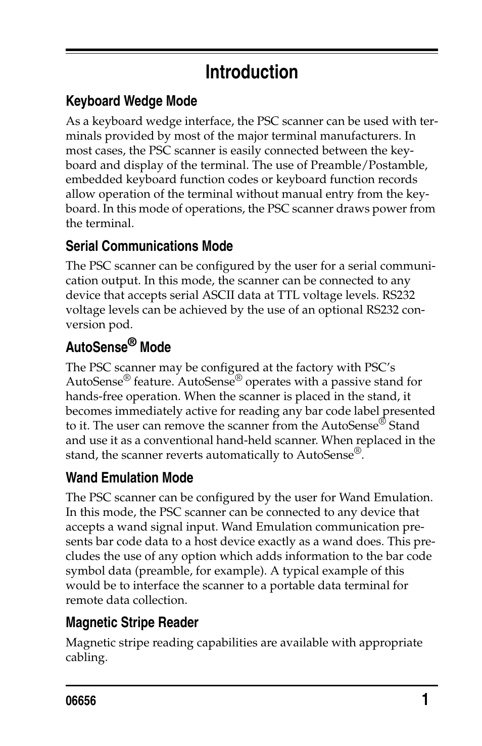 Introduction, Keyboard wedge mode, Serial communications mode | Autosense® mode, Wand emulation mode, Magnetic stripe reader | PSC Handheld Laser Bar Code Scanners Keyboard Wedge / Wand Emulation Interface User Manual | Page 9 / 88