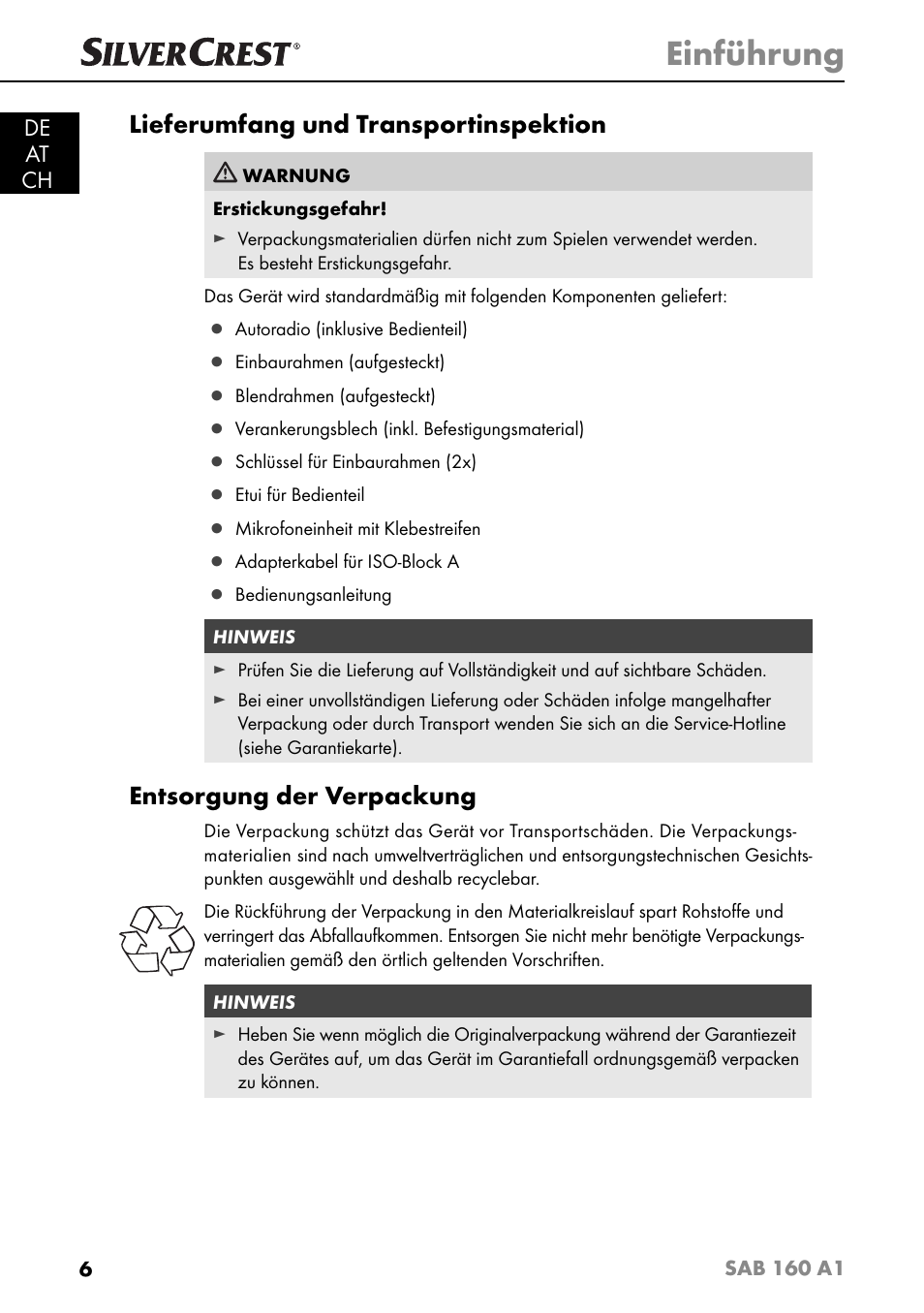 Einführung, Lieferumfang und transportinspektion, Entsorgung der verpackung | De at ch | Silvercrest SAB 160 A1 User Manual | Page 10 / 204